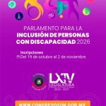 Concluirá este lunes convocatoria para participar en el Parlamento para la Inclusión de Personas con Discapacidad 2026